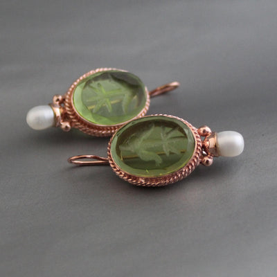 Intaglio Glass Earrings, Bridal Pearl Accent, Rose Gold Vermeil, photo 2