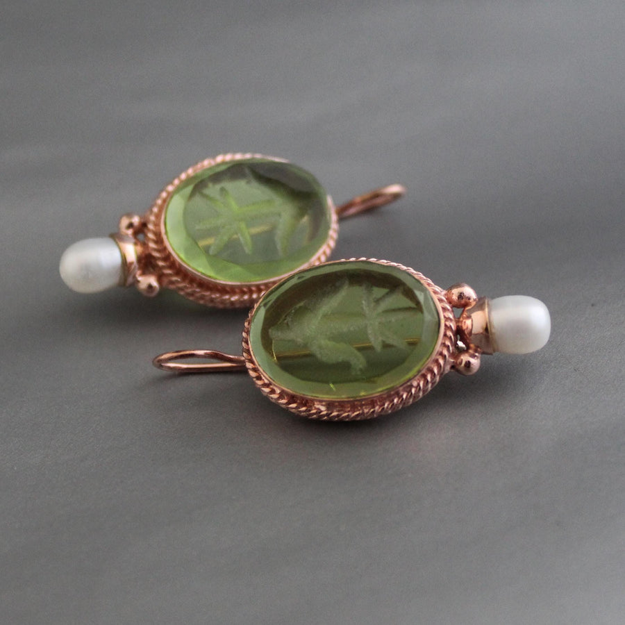 Intaglio Glass Earrings, Bridal Pearl Accent, Rose Gold Vermeil, photo 2