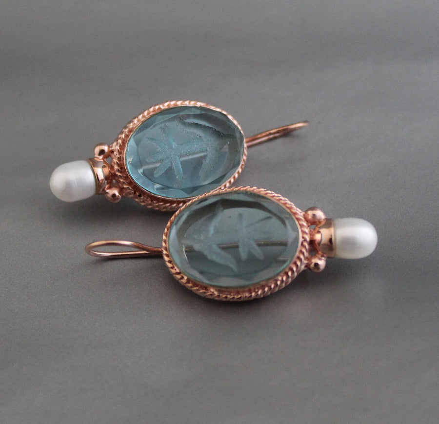 Blue Glass Intaglio Oval Earrings, Victorian Style, Rose Gold, photo 4