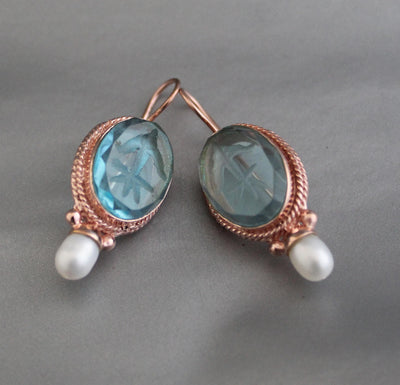 Blue Glass Intaglio Oval Earrings, Victorian Style, Rose Gold, photo 5