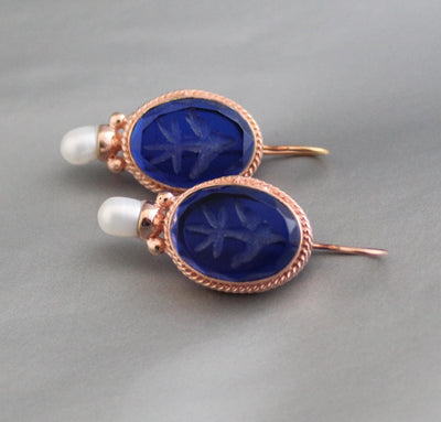 Blue Intaglio Earrings, 1920s Art Deco Pearls, Rose Gold