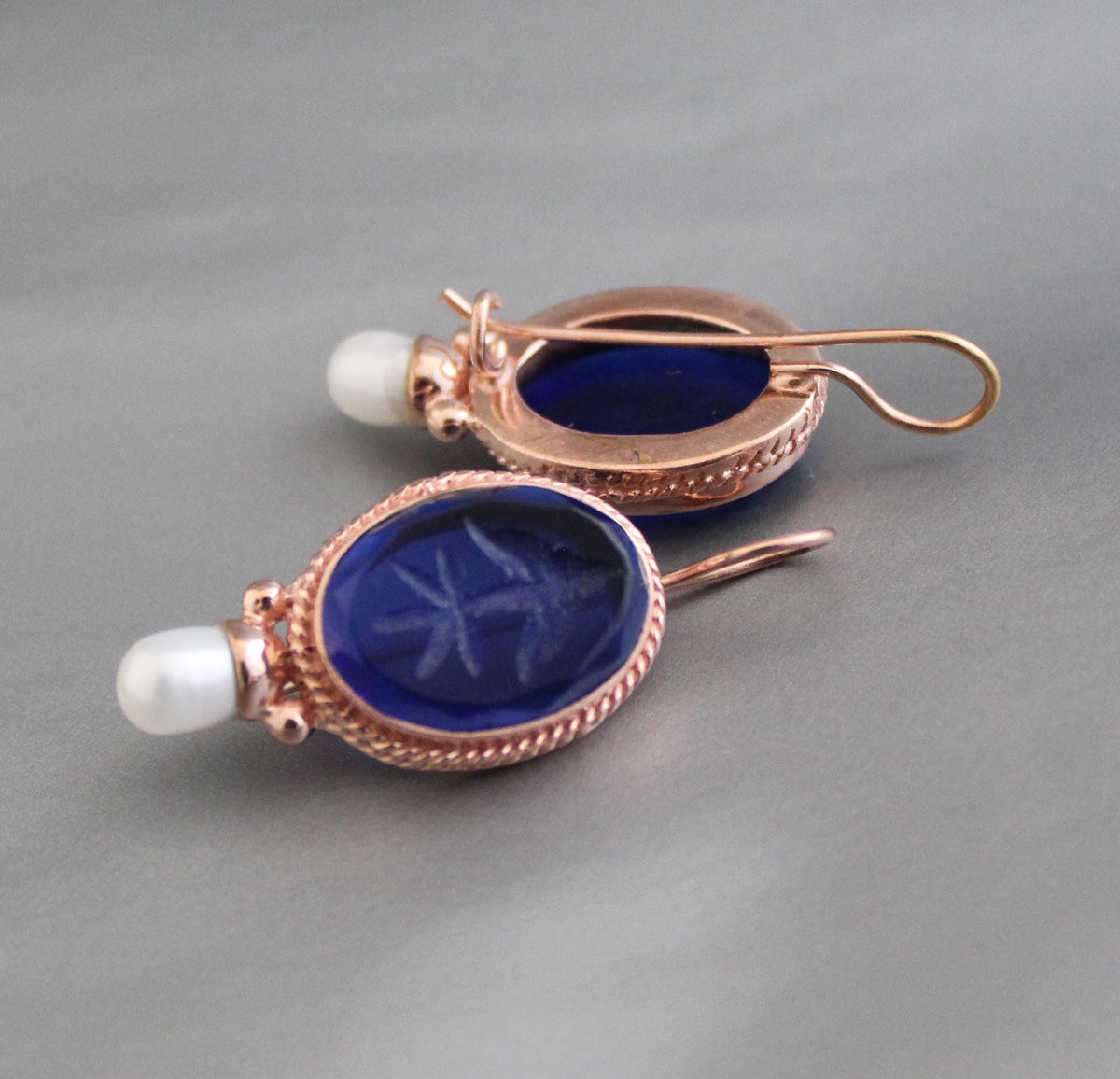 Blue Intaglio Earrings, 1920s Art Deco Pearls, Rose Gold, photo 4