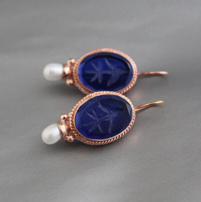 Blue Intaglio Earrings, 1920s Art Deco Pearls, Rose Gold, photo 6
