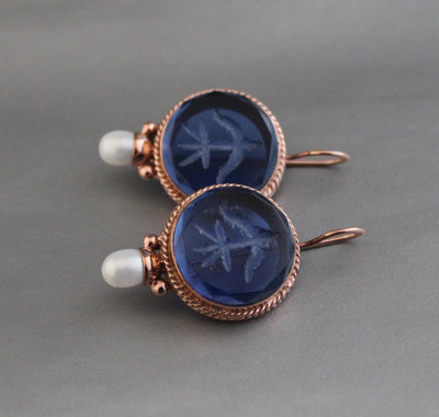 Blue Glass Intaglio Earrings, Vintage Style, Brass with Pearl, photo 10