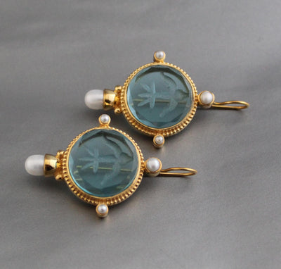 Blue Glass Intaglio Earrings, Vintage Gold, photo 7