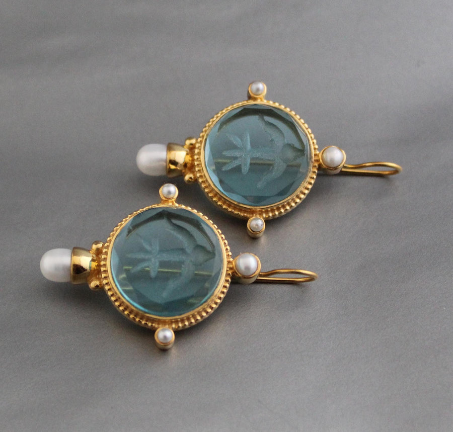 Blue Glass Intaglio Earrings, Vintage Gold, photo 7