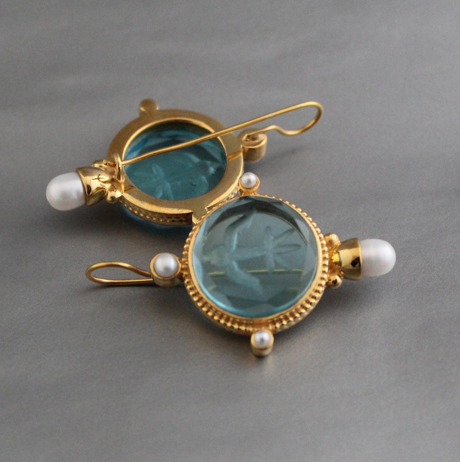 Blue Glass Intaglio Earrings, Vintage Gold