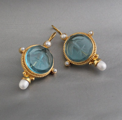 Blue Glass Intaglio Earrings, Vintage Gold, photo 2