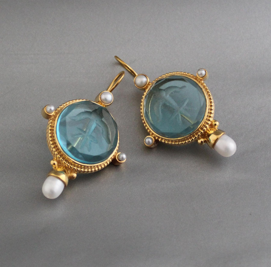 Blue Glass Intaglio Earrings, Vintage Gold, photo 2