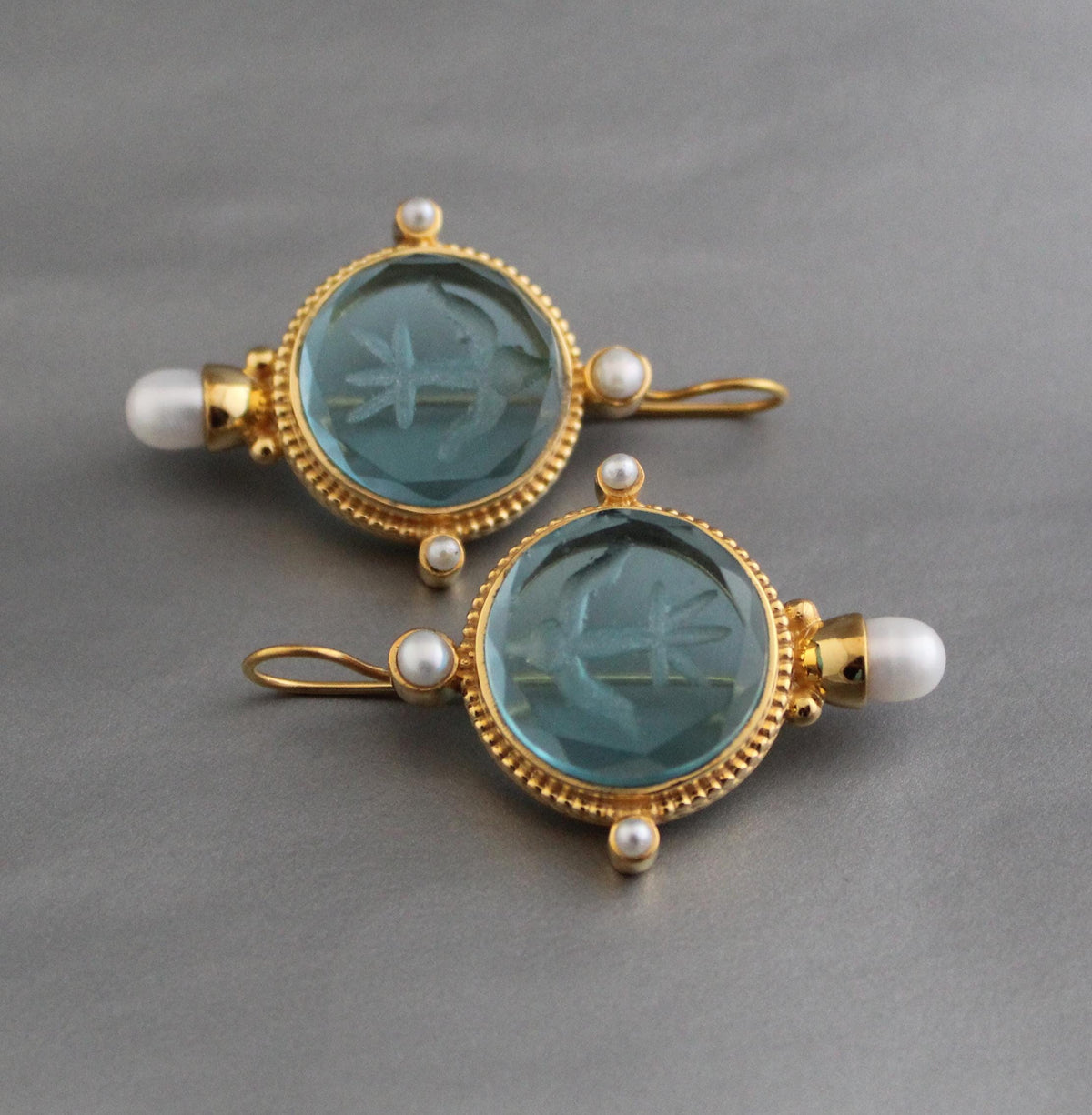 Blue Glass Intaglio Earrings, Vintage Gold, photo 6