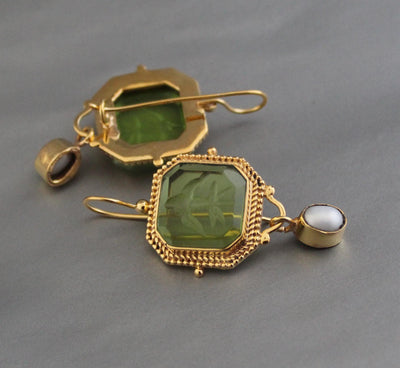 Green Intaglio Drop Earrings, Victorian Art Deco Gold, photo 2