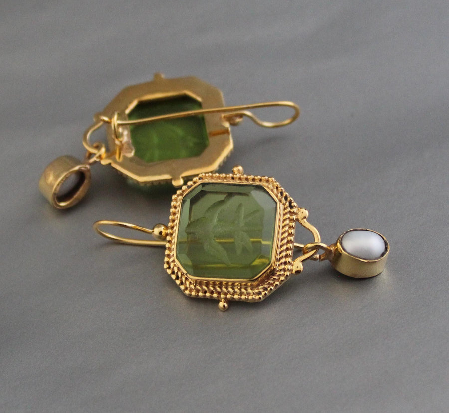 Green Intaglio Drop Earrings, Victorian Art Deco Gold, photo 2