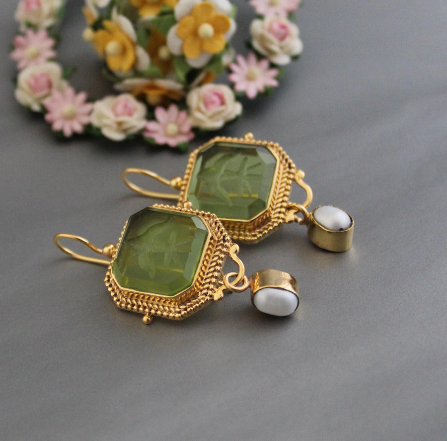 Green Intaglio Drop Earrings, Victorian Art Deco Gold, photo 5