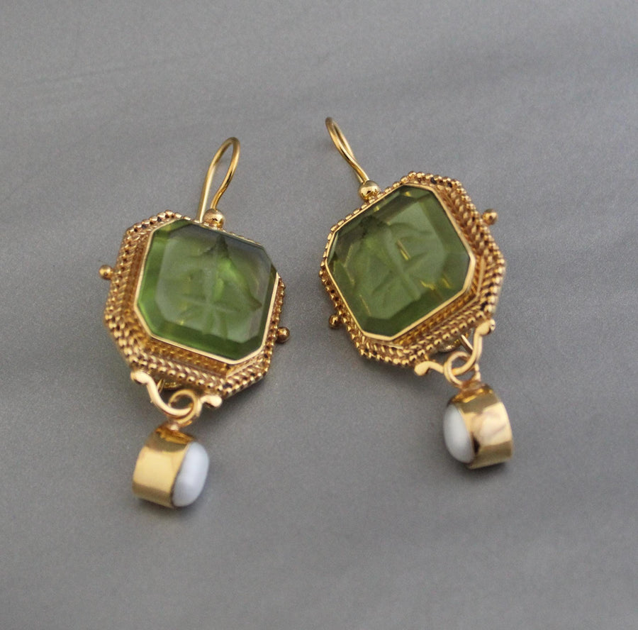 Green Intaglio Drop Earrings, Victorian Art Deco Gold, photo 4