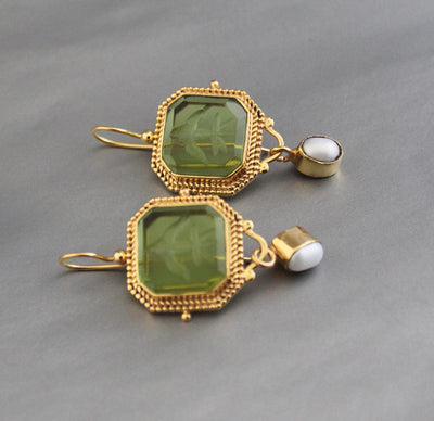 Green Intaglio Drop Earrings, Victorian Art Deco Gold, photo 7