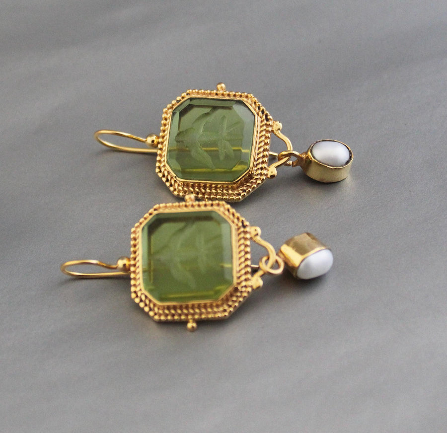 Green Intaglio Drop Earrings, Victorian Art Deco Gold, photo 7