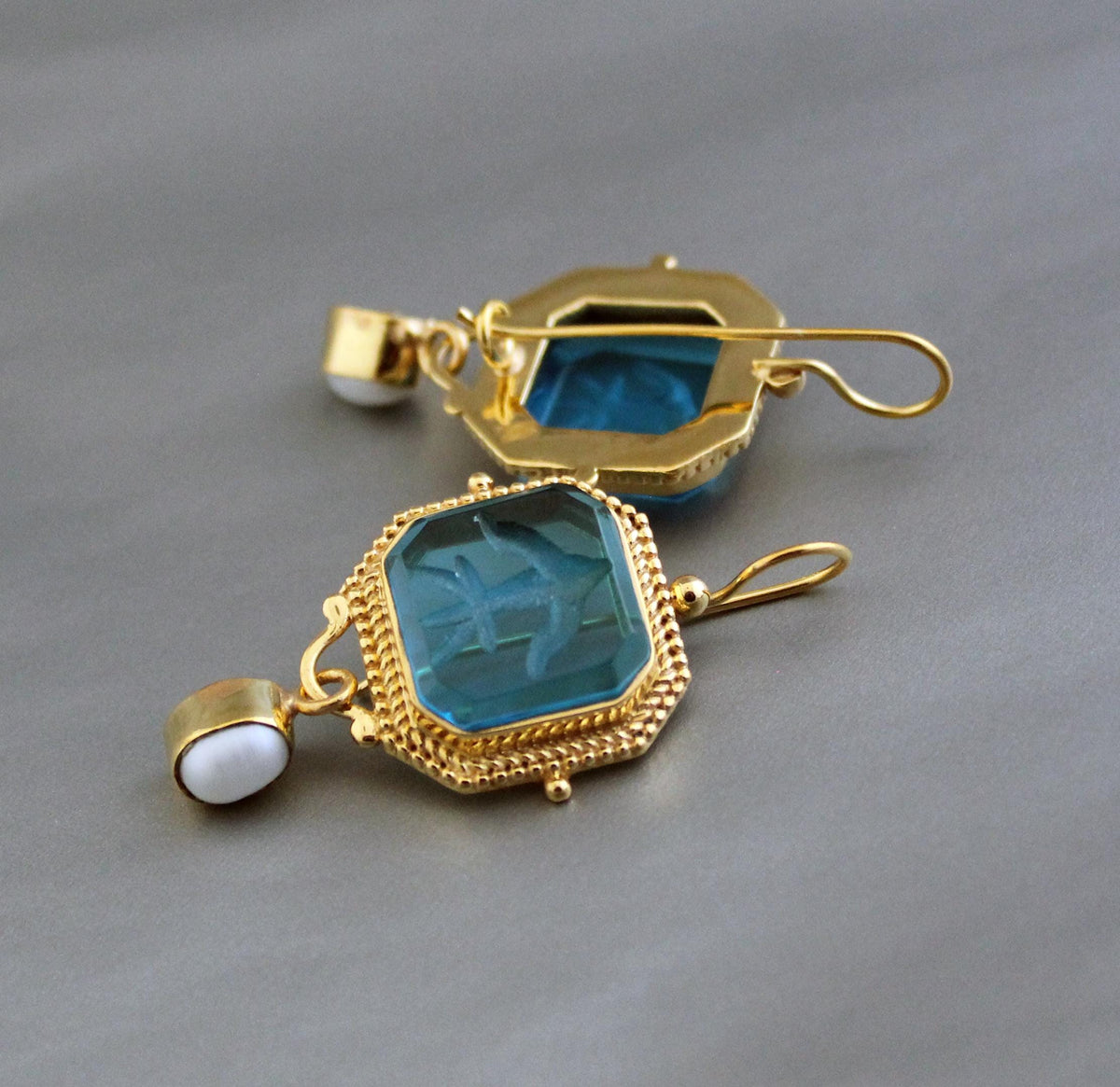 Blue Glass Intaglio Earrings, Antique Gold Hoops, photo 4