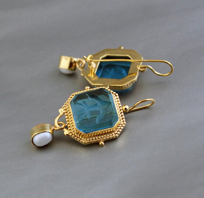 Blue Glass Intaglio Earrings, Antique Gold Hoops, photo 4