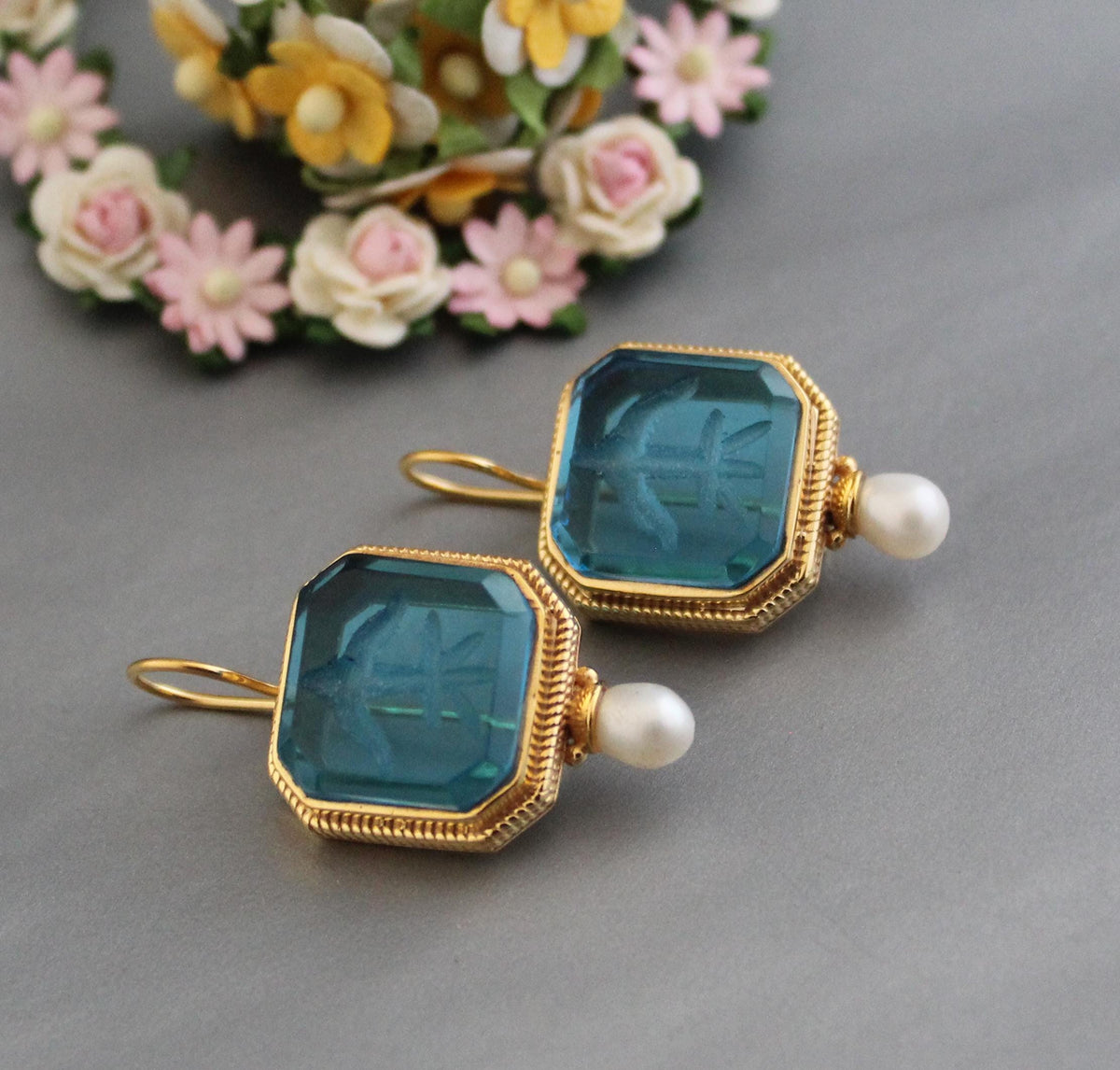 Blue Glass Intaglio Earrings, Victorian Vintage Gold