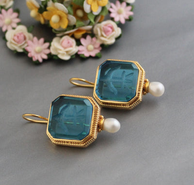Blue Glass Intaglio Earrings, Victorian Vintage Gold