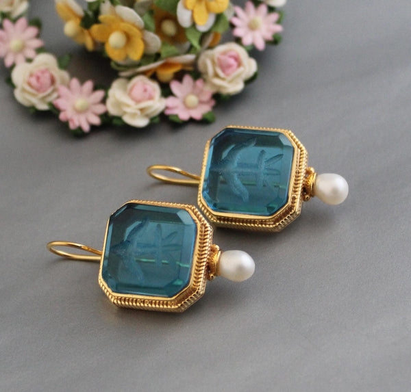 Blue Glass Intaglio Earrings, Victorian Vintage Gold