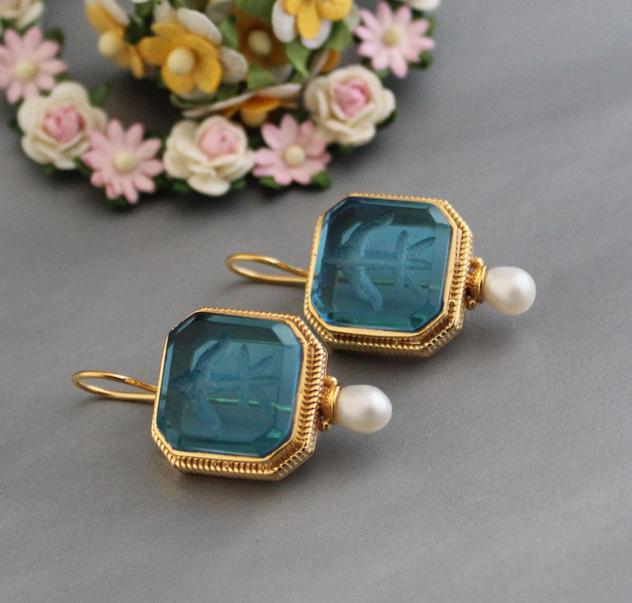 Blue Glass Intaglio Earrings, Victorian Vintage Gold
