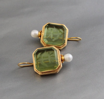Green Glass Intaglio Earrings, Victorian Art Deco Style, Gold, photo 4
