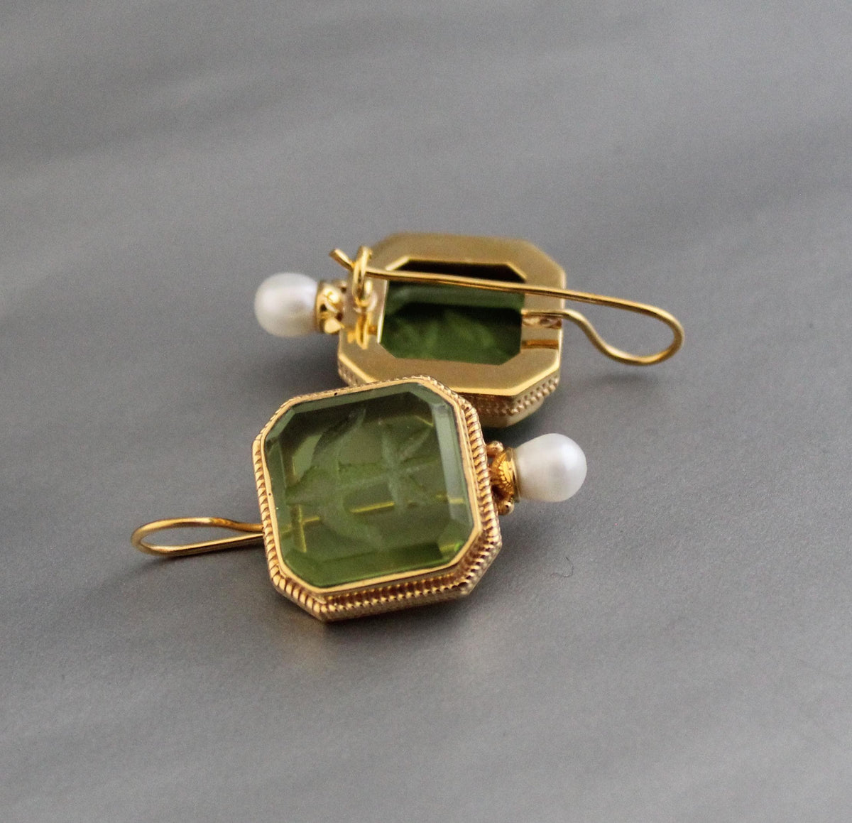Green Glass Intaglio Earrings, Victorian Art Deco Style, Gold