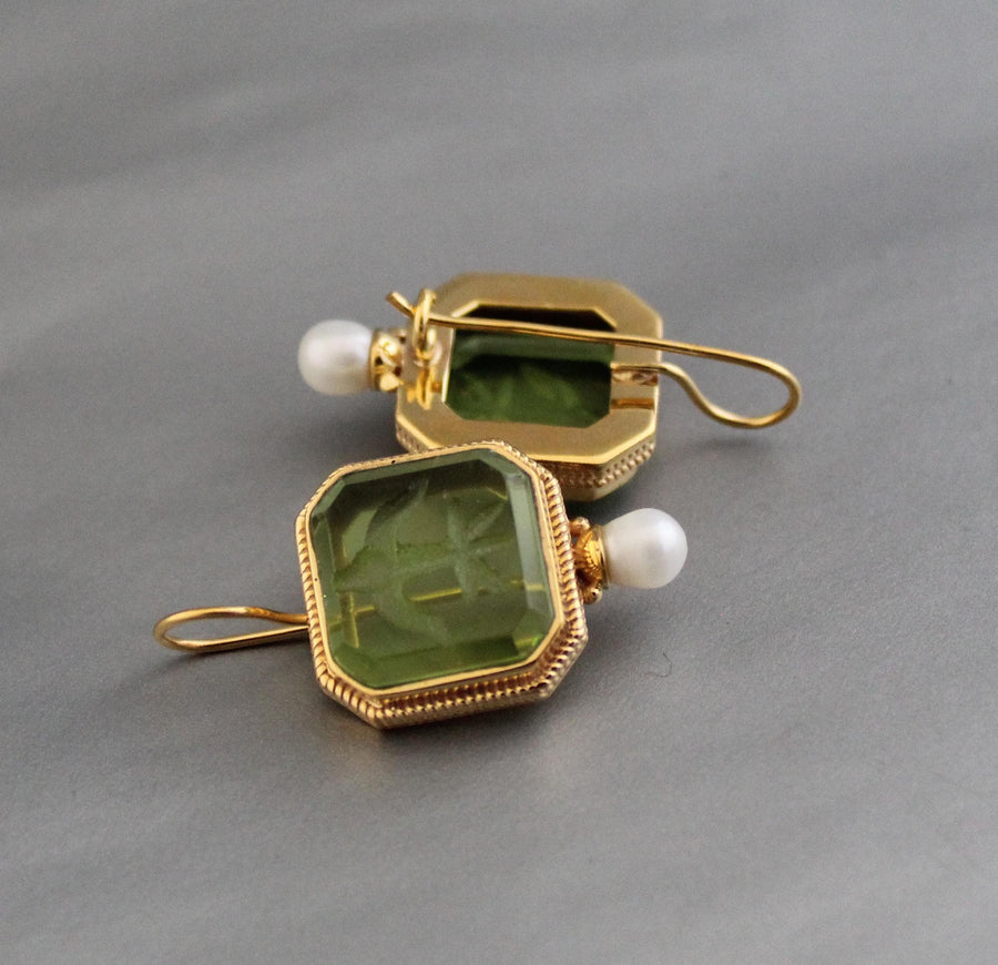 Green Glass Intaglio Earrings, Victorian Art Deco Style, Gold