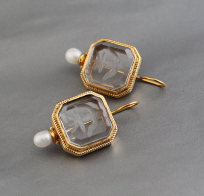 Intaglio Crystal Earrings, Victorian Style, Gold Filled