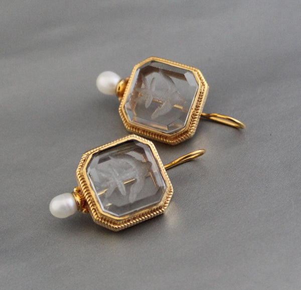 Intaglio Crystal Earrings, Victorian Style, Gold Filled