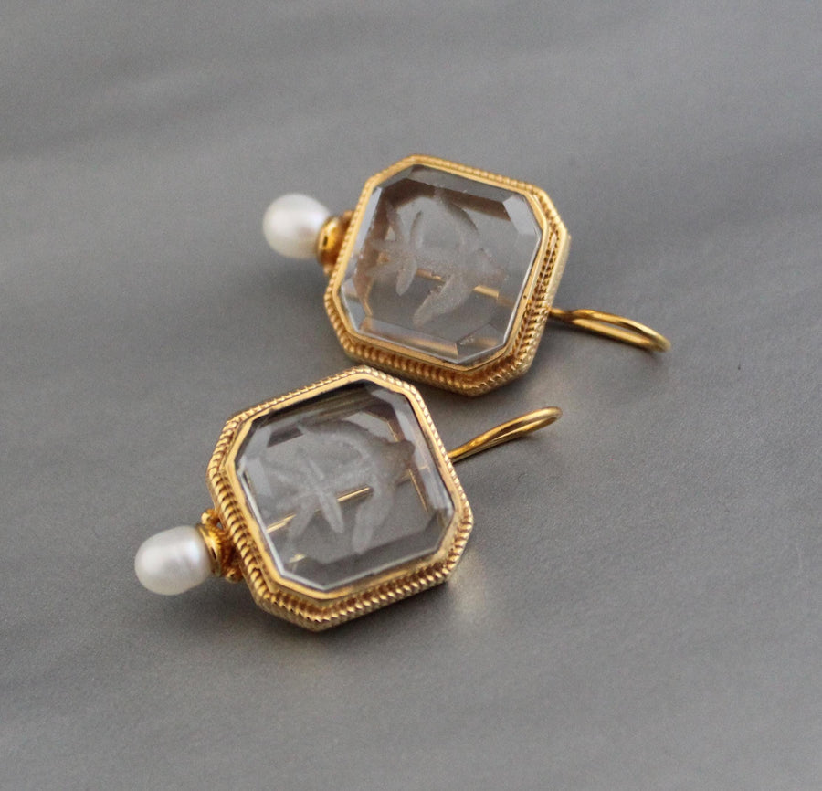 Intaglio Crystal Earrings, Victorian Style, Gold Filled
