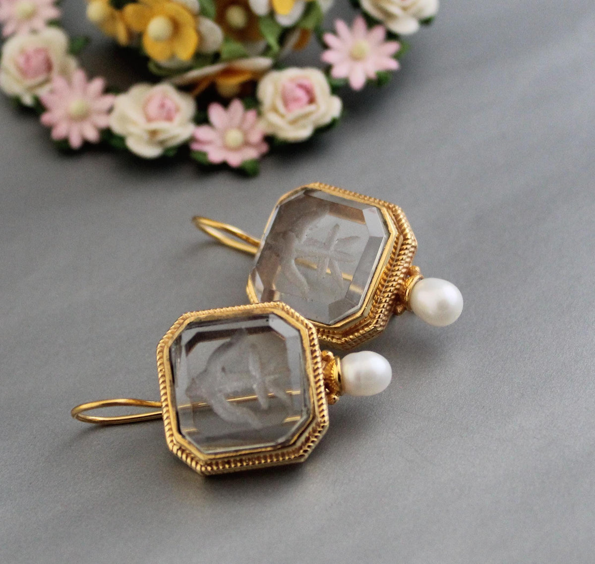 Intaglio Crystal Earrings, Victorian Style, Gold Filled, photo 5