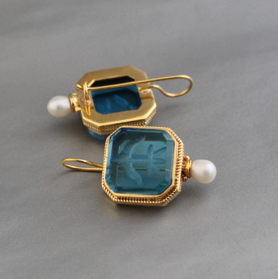 Blue Glass Intaglio Earrings, Victorian Vintage Gold, photo 9