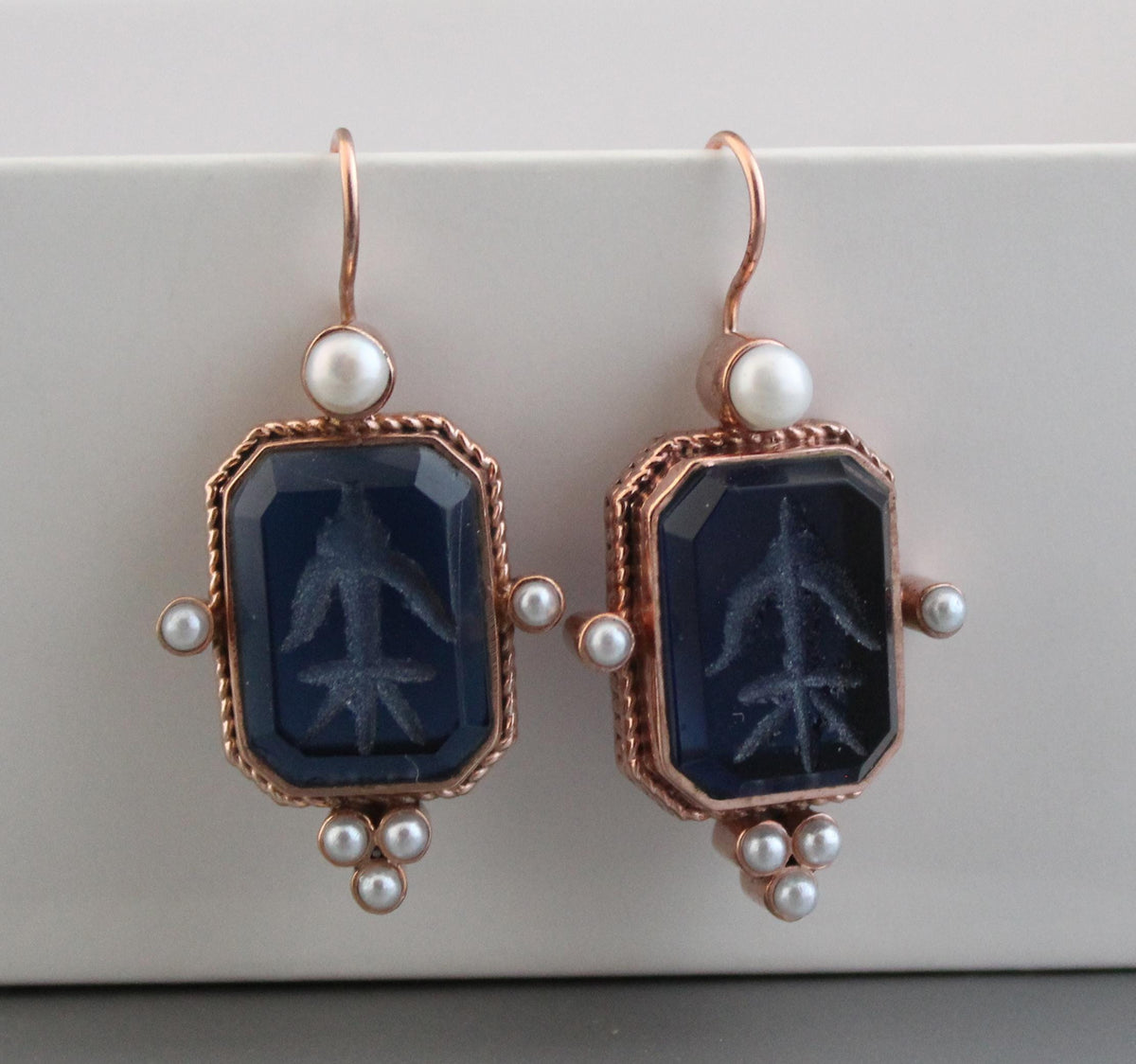 Blue Glass Intaglio Earrings, Victorian Art Deco Style, Rose Gold, photo 8
