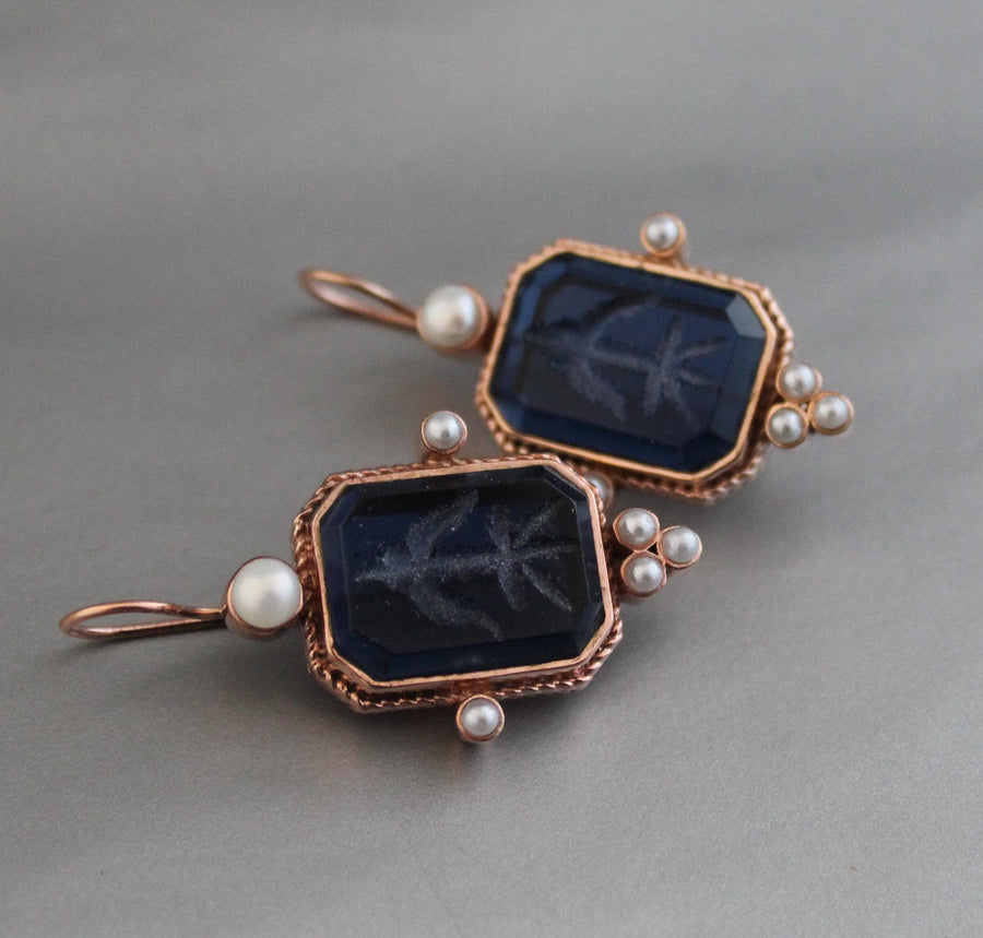 Blue Glass Intaglio Earrings, Victorian Art Deco Style, Rose Gold, photo 2