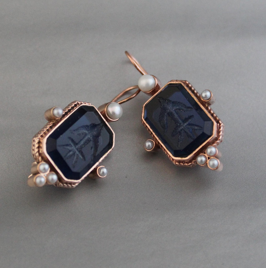 Blue Glass Intaglio Earrings, Victorian Art Deco Style, Rose Gold, photo 6