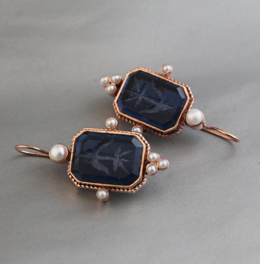 Blue Glass Intaglio Earrings, Victorian Art Deco Style, Rose Gold, photo 4