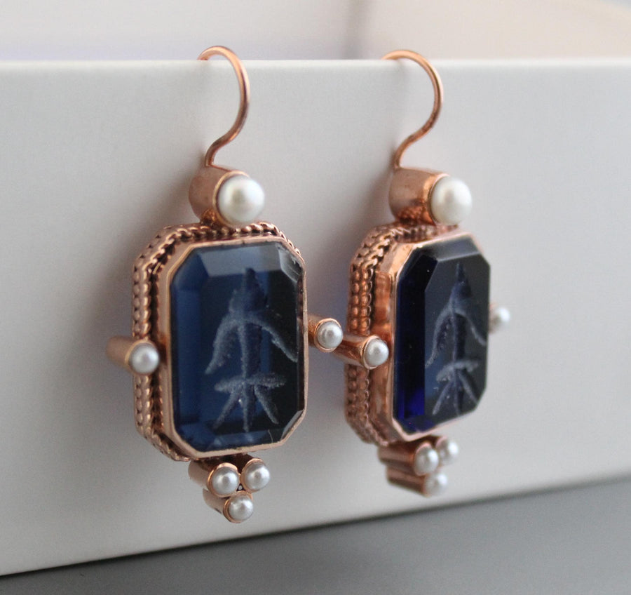 Blue Glass Intaglio Earrings, Victorian Art Deco Style, Rose Gold, photo 9