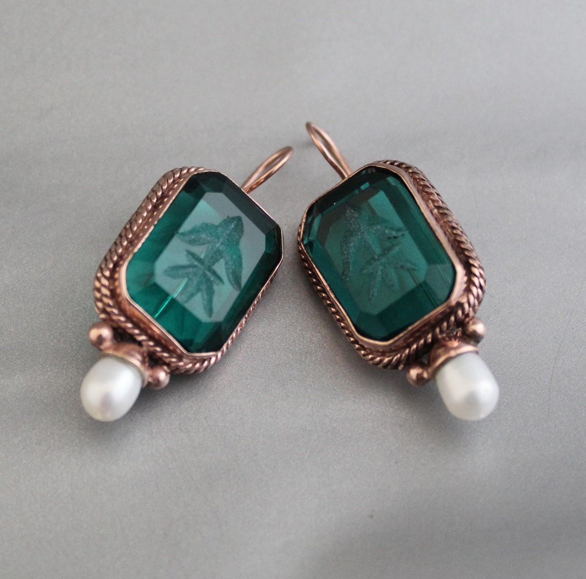 Green Glass Intaglio Earrings, Victorian Art Deco Style, Rose Gold, photo 6