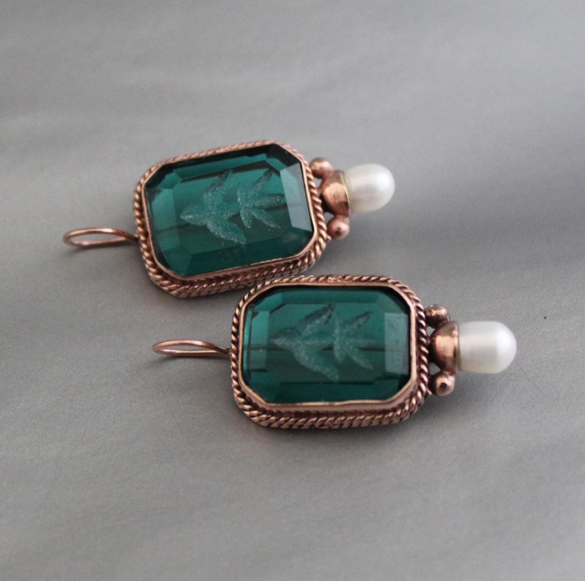 Green Glass Intaglio Earrings, Victorian Art Deco Style, Rose Gold, photo 5