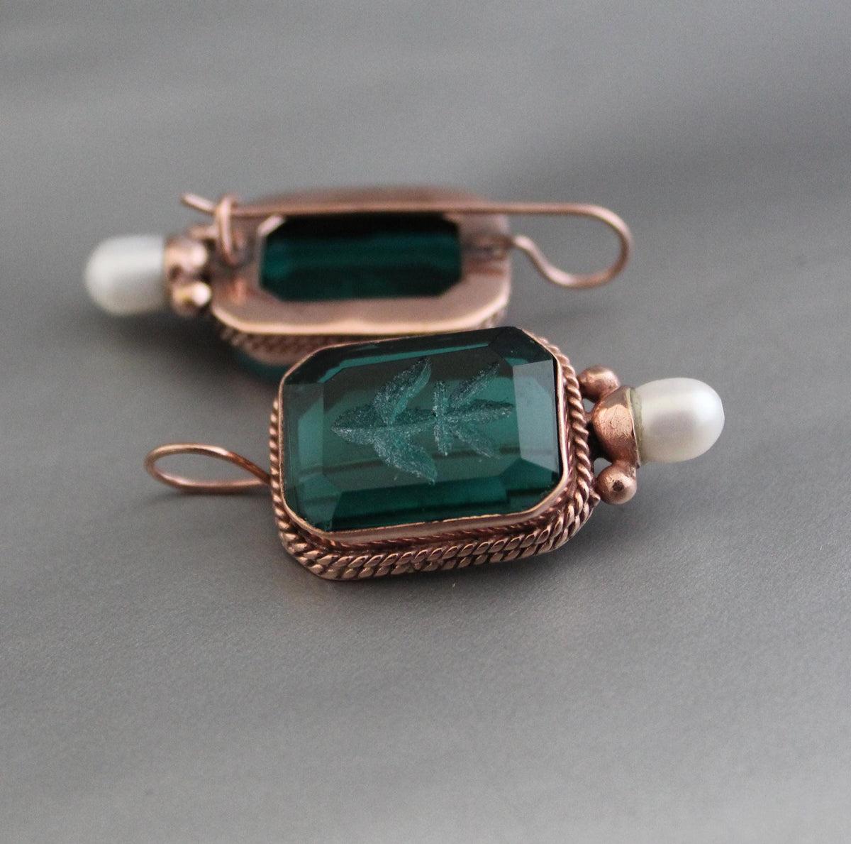 Green Glass Intaglio Earrings, Victorian Art Deco Style, Rose Gold