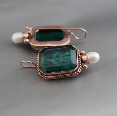 Green Glass Intaglio Earrings, Victorian Art Deco Style, Rose Gold