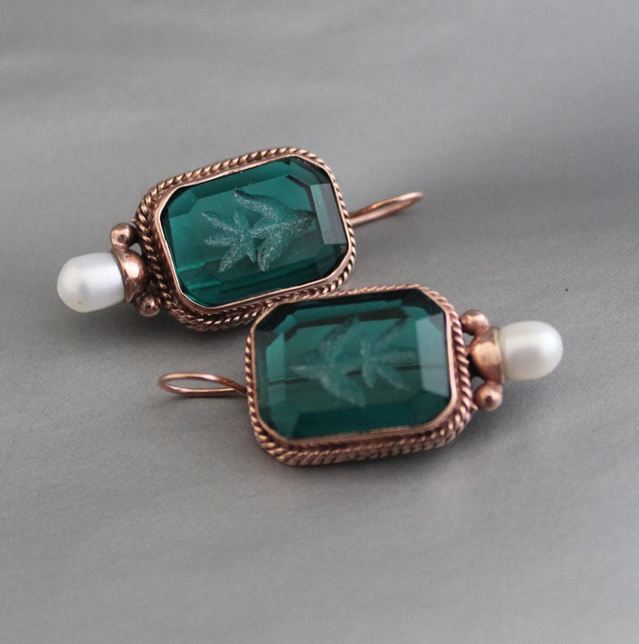Green Glass Intaglio Earrings, Victorian Art Deco Style, Rose Gold, photo 7