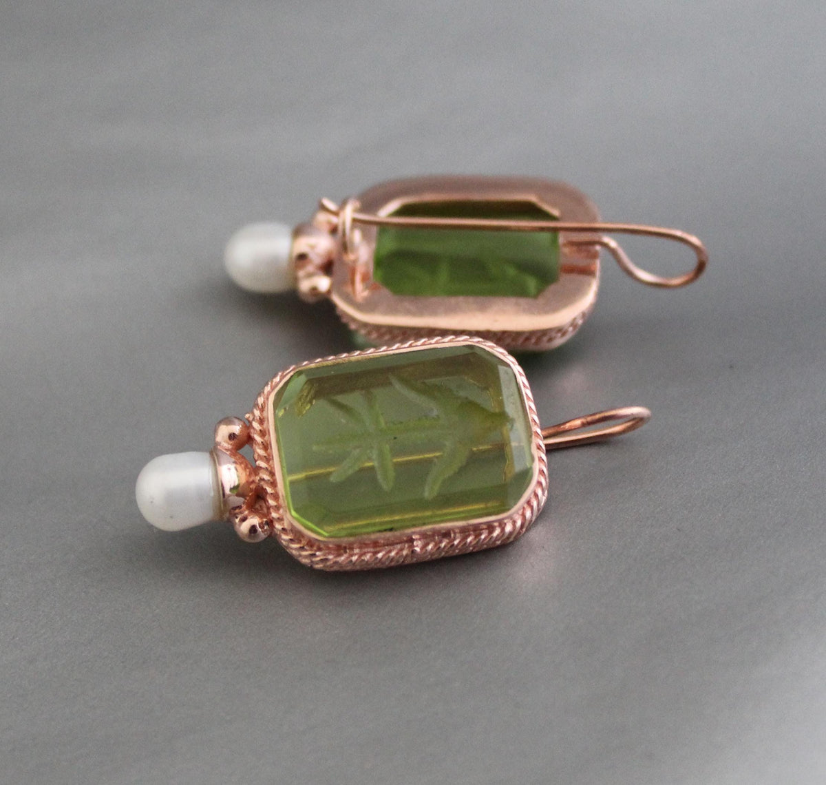 Green Glass Intaglio Earrings, Victorian Bridal Style, Rose Gold, photo 4