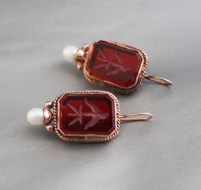 Red Rectangular Intaglio Earrings, Victorian Gothic Style, Rose Gold Plated, photo 7