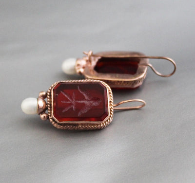Red Rectangular Intaglio Earrings, Victorian Gothic Style, Rose Gold Plated, photo 2
