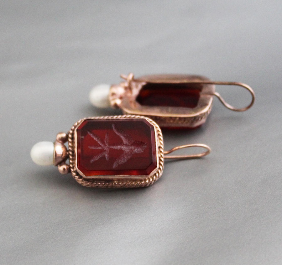 Red Rectangular Intaglio Earrings, Victorian Gothic Style, Rose Gold Plated, photo 2