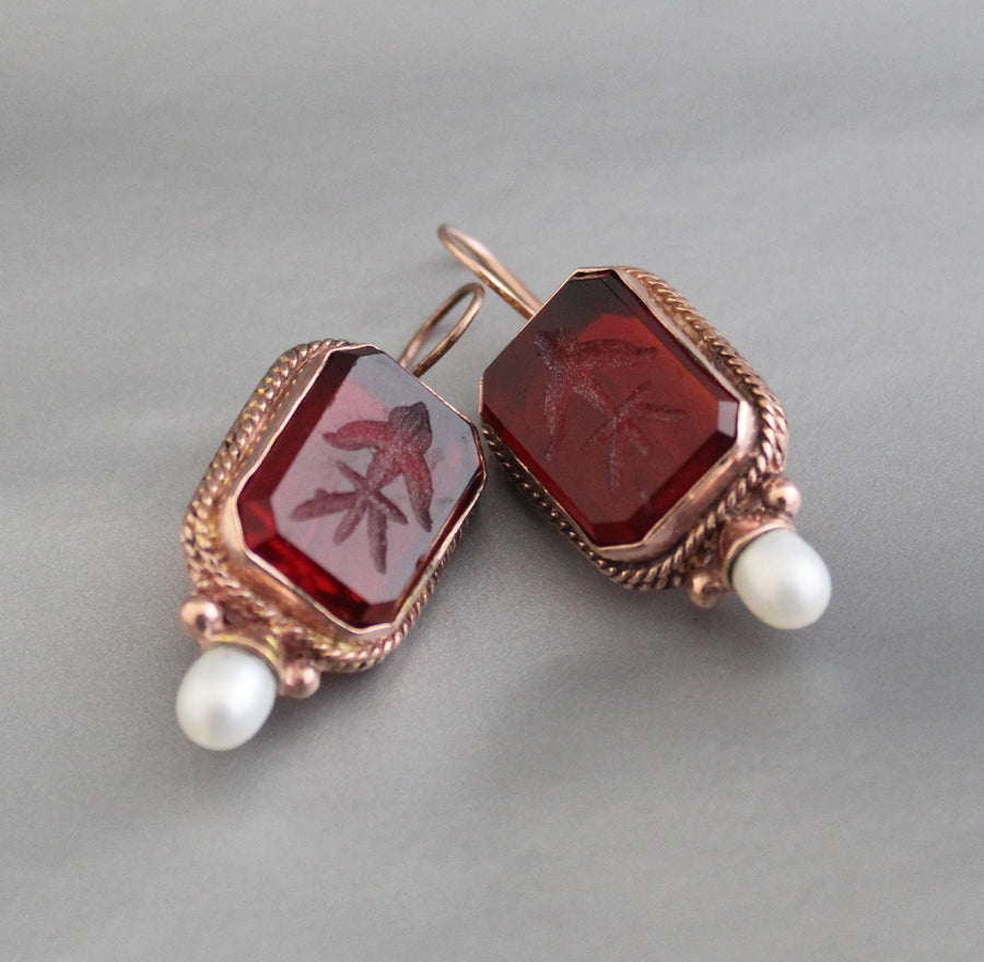 Red Rectangular Intaglio Earrings, Victorian Gothic Style, Rose Gold Plated