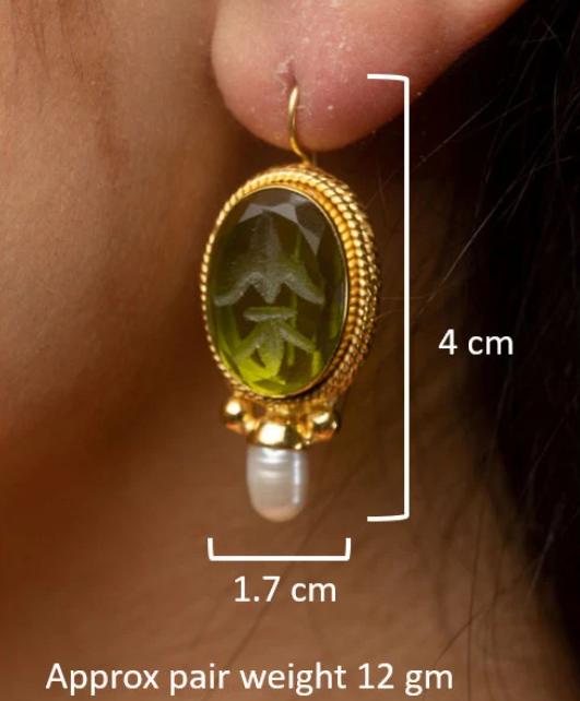 Green Glass Intaglio Earrings, Victorian Pearl Drops, Rose Gold, photo 3